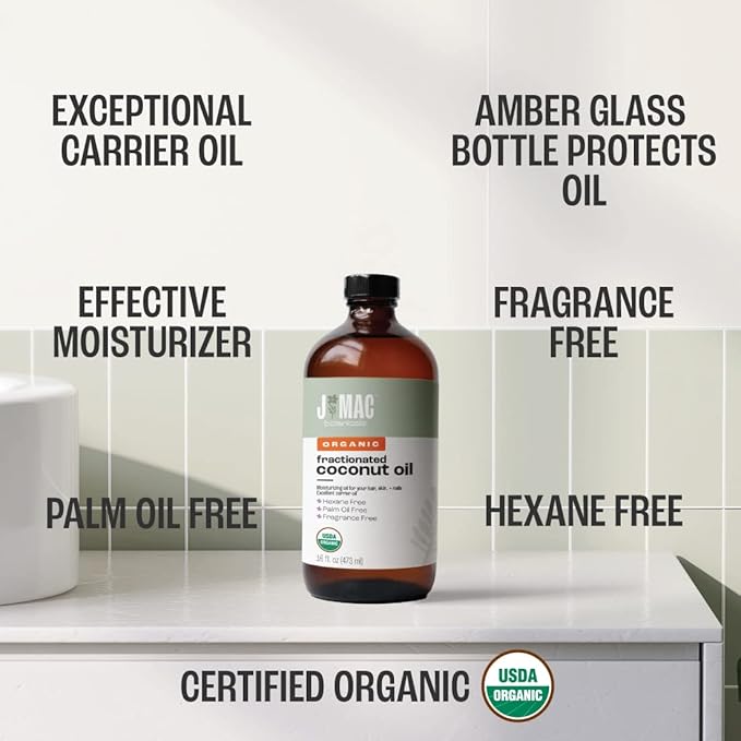 J MAC BOTANICALS Organic Fractionated Coconut Oil (16 Ounce Glass Bottle) Organic Carrier Oil and for DIluting Essential Oils, Moisturizer, Hair Care-VivaGrace Women
