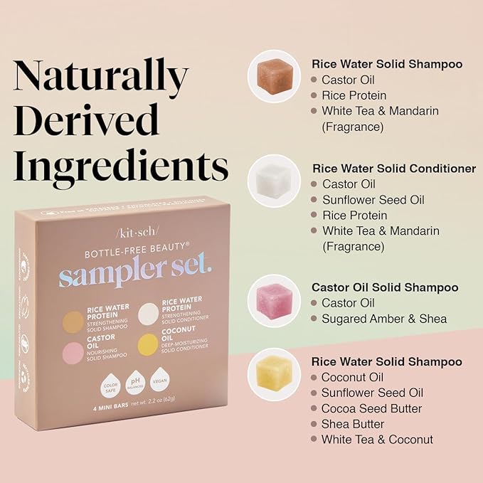 Kitsch Shampoo and Conditioner Set - 4pc Sampler Bars with Rice Water Shampoo and Conditioner, Castor Oil Shampoo & Coconut Oil Conditioner - Bottle-Free Beauty for Hair Growth, Repair & Moisture-VivaGrace Women