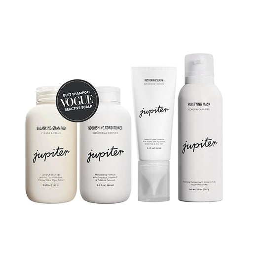 Jupiter Oil Control & Exfoliation Bundle, Anti-Dandruff Shampoo, Conditioner, Restoring Serum, & Purifying Mask for Women & Men, Dermatologist-Formulated for Flaky, Itchy, Oily, & Dry Scalp-VivaGrace Women