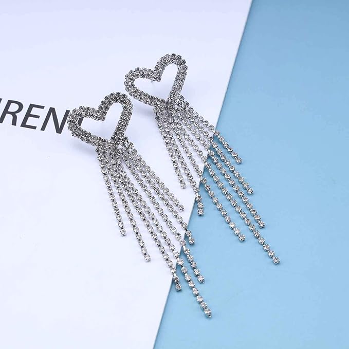 Boho Rhinestone Heart Tassel Earrings Long Tassel Chain Dangle Earrings Silver Crystal Cz Love Heart Studs Earrings Long Chandelier Dangle Earrings Wedding Cz Fringe Chain Earrings Jewelry for Women and Girls-VivaGrace Women
