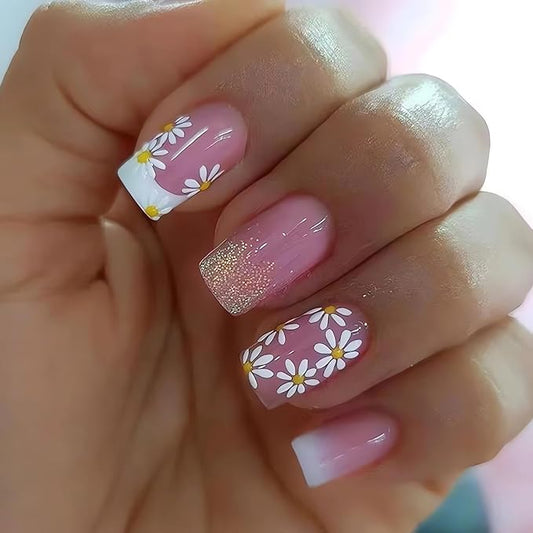 Square Press on Nails Medium, Pink Fake Nails Spring False Nails with Daisy Flower Designs, Glossy Full Cover Artificial Nails Medium Stick on Nails Cute Glue on Nails, 24 Pcs
