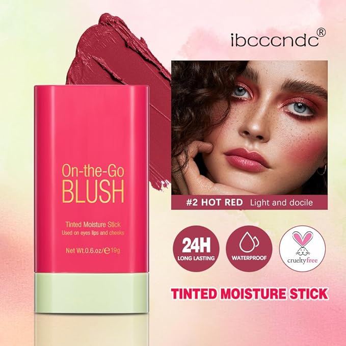 Soft Creamy Blush Stick,On-the-Go Blush,2-in-1 Cheek and Lip Tint,Waterproof Hydrating Solid Natural Moisture Smooth Blendable Matte Finish Face Blush Makeup,02 hot red-VivaGrace Women