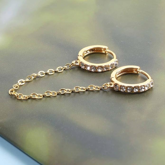 Boho Double Chain Hoop Earrings Gold Cz Hoop Chain Earrings Punk Dangle Chain Earrings Rhinestone Huggies Studs Earrings Jewelry for Women and Girls Gifts-VivaGrace Women