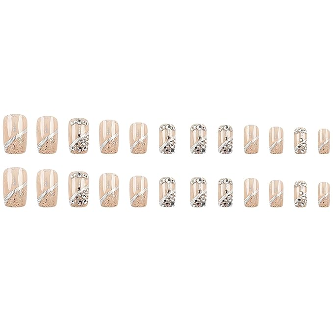 Press on Nails for Women Medium Square Fake Nails Sparkly False Nails with Rhinestones Designs Gold Glitter Artificial Nails Silver Line Glue on Nails Cute Stick on Nails 24Pcs
