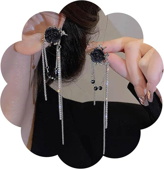 Punk Black Rose Flower Earring Long Rhinestone Chain Drop Earrings Silver Cz Tassel Chain Earrings Black Rose Flower Ear Cuff Earring Jewelry for Women-VivaGrace Women