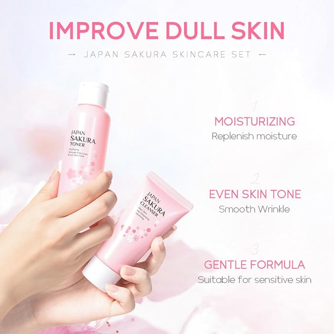 Sakura Skin Care Set, Women Gift Sets, Skin Care Kit with Cleanser, Toner, Serum, Eye Cream, Face Cream, Skin Care Routine Kit for Women, Even Skin Tone, Tighten & Firm Skin-VivaGrace Women