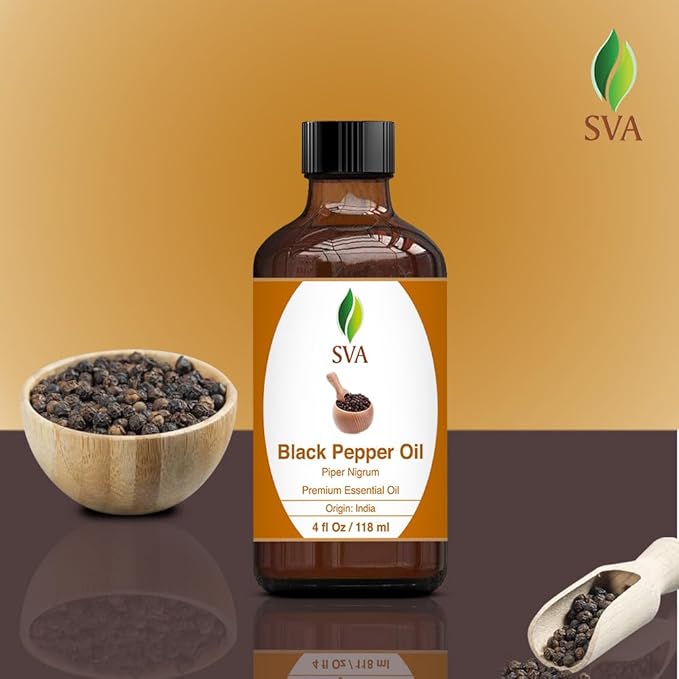 SVA Black Pepper Essential Oil – 4 Fl Oz – 100% Natural Black Pepper Oil - for Diffuser, Hair Care, Face, Skin Care, Aromatherapy, Scalp and Body Massage, Soap and Candle Making – with Dropper-VivaGrace Women