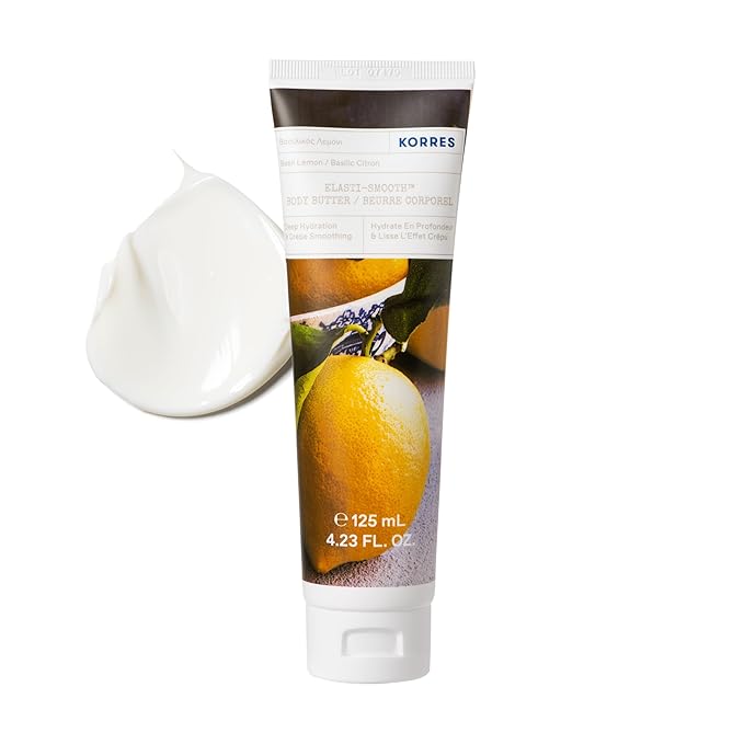 KORRES Elasti-Smooth Basil Lemon Body Butter With Shea Butter, Squalane And Greek Safflower Oil For Velvety Skin Texture, Fast Absorbing Whipped Moisturizer With Herbal Citrus Scent, 4.23 Fl Oz-VivaGrace Women