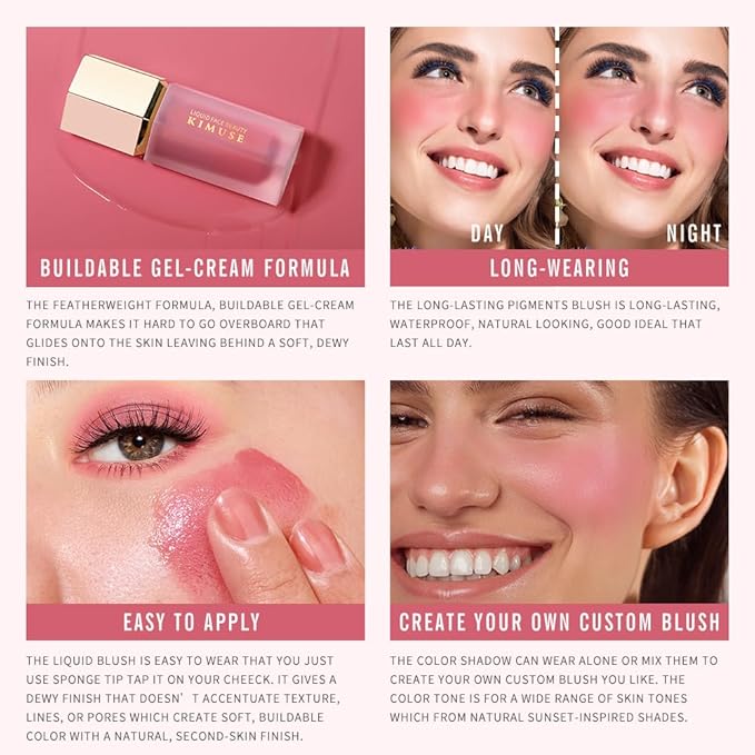 KIMUSE Soft Cream Blush Makeup, Liquid Blush for Cheeks, Weightless, Long-Wearing, Smudge Proof, Natural-Looking, Dewy Finish-VivaGrace Women
