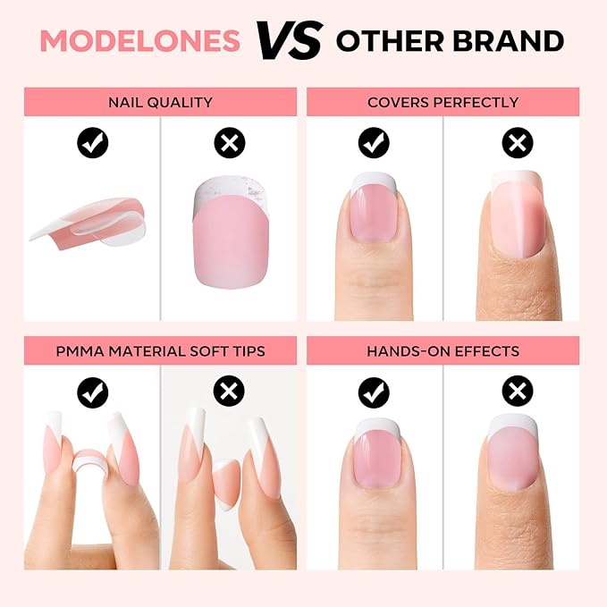 modelones French Tip Press on Nails, Short Square Fake Nails with Nail Box, Pink & White Gel Nail Tips for Women, Soft Glue-On Nails for Natural Salon Look, DIY Nail Art Kit-VivaGrace Women