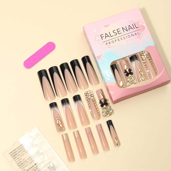 Long Press on Nails Square,Black French Tip False Nails with Glitter Design Hot Girls Nails 24Pcs(Gold & Black)
