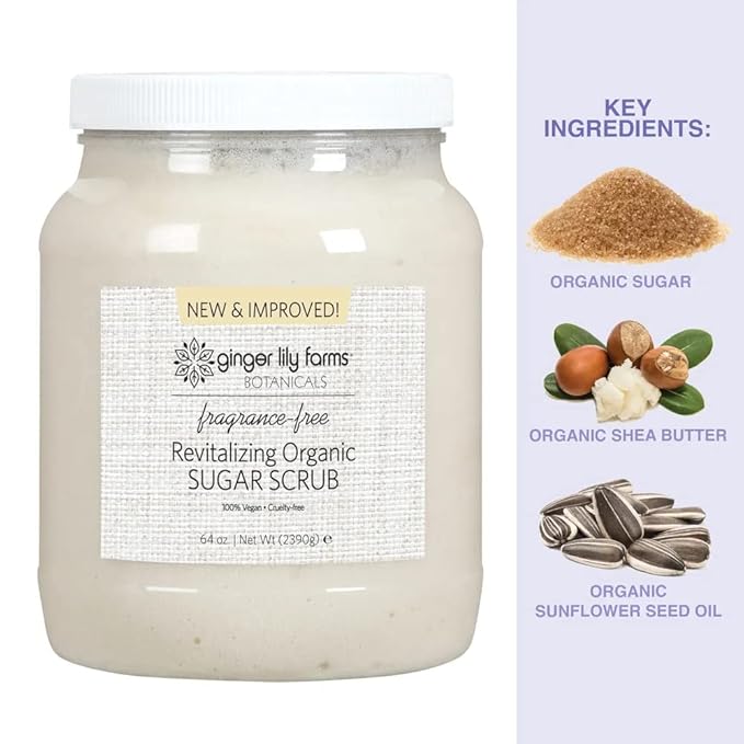 Ginger Lily Farms Botanicals Revitalizing Organic Sugar Scrub, All-Natural Skin Exfoliating Sugar Crystals, 100% Vegan & Cruelty-Free, Fragrance-Free, 64 oz.-VivaGrace Women