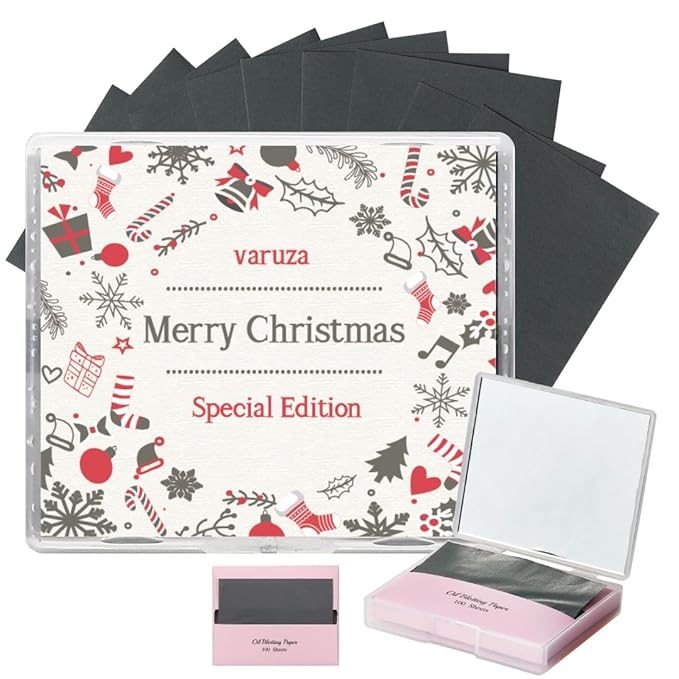 [200 Counts + Mirror Case] Christmas Edition Natural Bamboo Charcoal Oil Blotting Sheets for Face with Mirror Case-VivaGrace Women