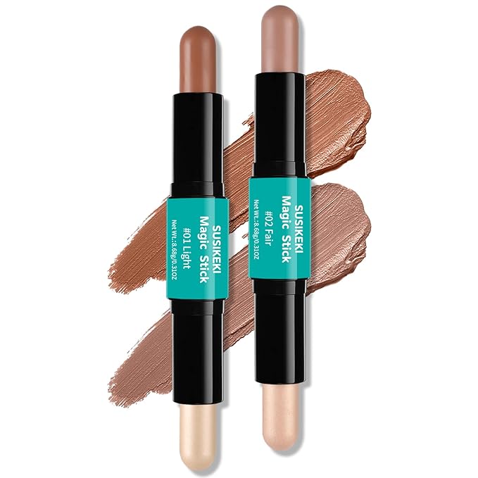 Contour Stick, 2Pcs Dual-Ended Highlighter Makeup Pen & Contouring Stick for Face Shaping, Long Lasting Waterproof Cream Bronzer & Highlight Sticks Make Up Kit for All Skin Tones (01# + 02#)-VivaGrace Women