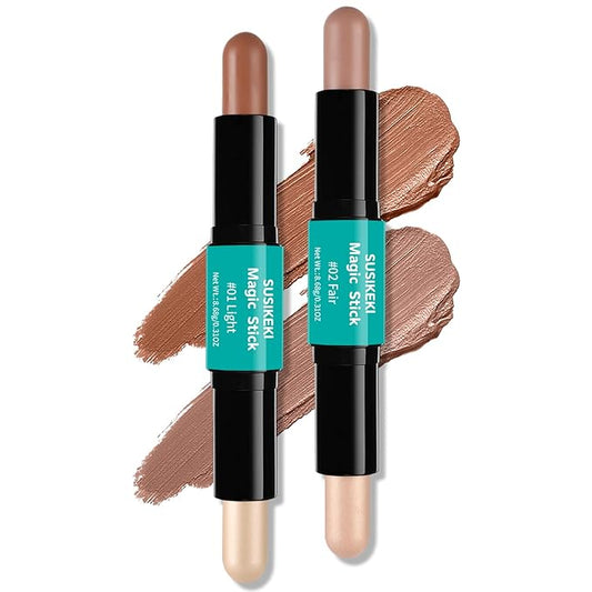 Contour Stick, 2Pcs Dual-Ended Highlighter Makeup Pen & Contouring Stick for Face Shaping, Long Lasting Waterproof Cream Bronzer & Highlight Sticks Make Up Kit for All Skin Tones (01# + 02#)-VivaGrace Women