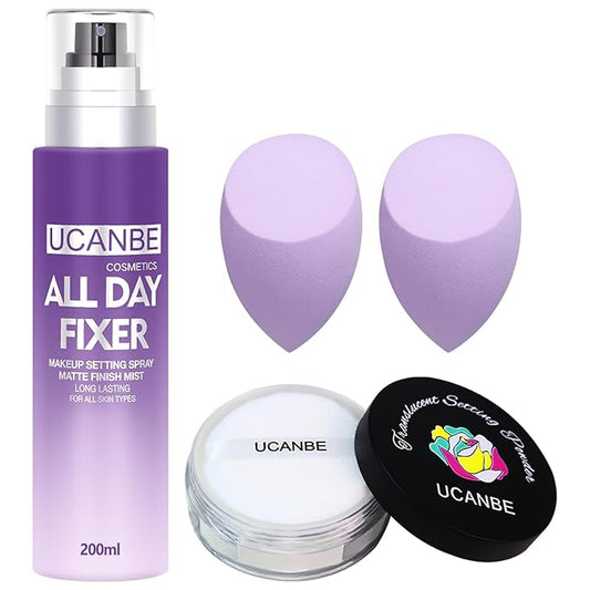 UCANBEMAKUP Long Lasting Makeup Setting Spray Kit- 6.76 Fl oz Hydrating Matte Finish Mist Lightweight Face Make up Fixer +Translucent Loose Setting Powder+2PC Sponge Puff Set-VivaGrace Women