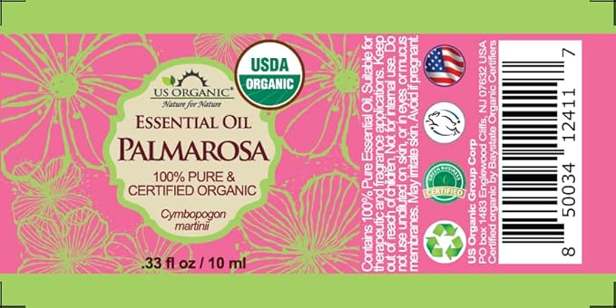 US Organic Palmarosa Essential Oil, USDA Certified Organic 100% Pure, Steam Distilled, Sourced from India (10 ml)-VivaGrace Women