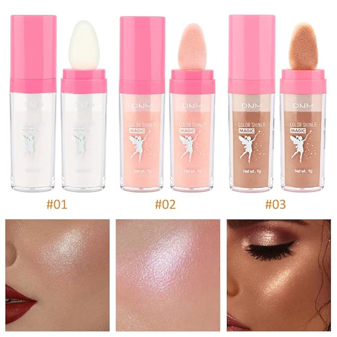 evpct 3Pcs Glitter Highlighter Powder Stick Make up Puff Fairy Stick Peal White Pink Bronze Shimmer Glitter Face Eye Body Liquid Highlighter makeup illuminators de maquillaje Glow Makeup Shimmer Stick-VivaGrace Women