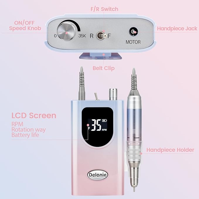 Delanie Professional Nail Drill High Torque 35000 RPM Rechargeable Portable Electric Nail File Filer for Acrylic Gel with Cuticle Bits, Salon Manicure Tool, Gradient Pink-VivaGrace Women