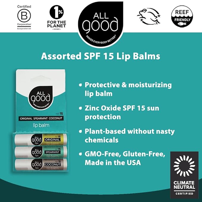 All Good Organic SPF15 Lip Balm - Hydrating Lip Care with Olive Oil, Beeswax, Calendula, Lavender, Vitamin E - Lip Moisturizer with Zinc Oxide Protection - Original, Spearmint & Coconut (9-pack)-VivaGrace Women