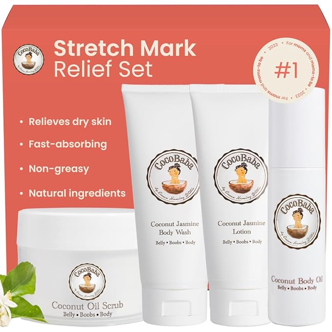 Cocobaba Stretch Mark Relief Set - Belly oil for pregnancy care package | Stretch Mark Cream for Pregnancy | Body wash | Body scrub | First time mom gift | Pregnancy Must have-VivaGrace Women