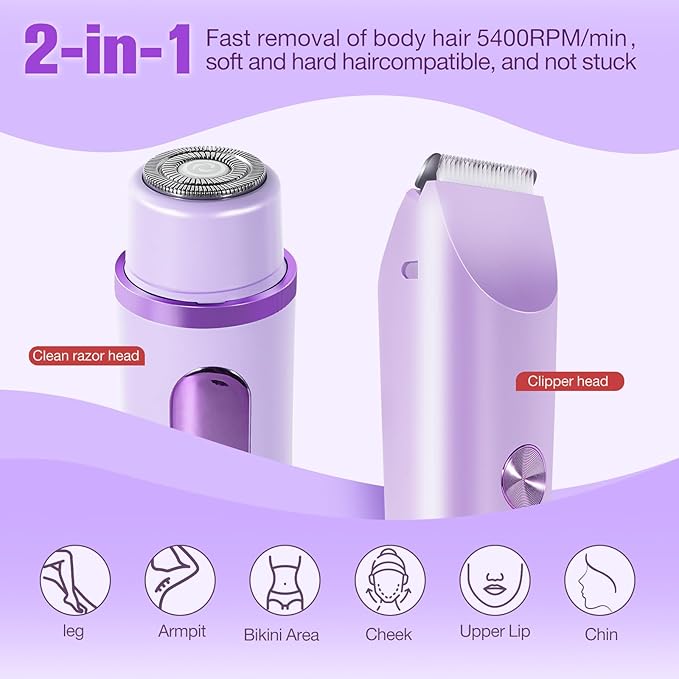 Bikini Trimmer for Women Electric Razors for Women Women's Electric Razor 2 in 1 Shaver Pubic Hair Trimmer Ipx7 Waterproof Wet Dry Use Bikini Shaver for Ladies Pubic, Legs, Face, Underarms (Purple)-VivaGrace Women