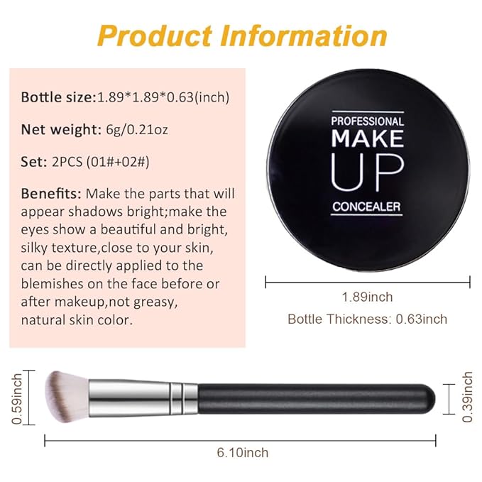 Kaely 2Pcs Pot Concealer Full Coverage Set,under Eye Brightener Concealer for Conceals Dark Circles,Waterproof Foundation Face Makeup Brush Kit,Color Correcting Concealer,01+02-VivaGrace Women