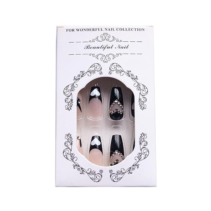 Long Heart Press on Nails Square Coffin Fake Nails with Love Diamond Glitter Design - Black French Tip Press on Nails Long Heart False Nails Artificial Nail for Women Girls Decorations 24pcs