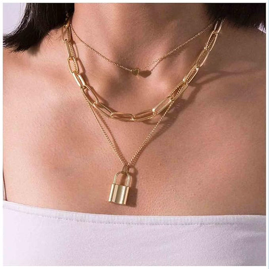 Punk Layered Heart Choker Necklace Gold Lock Pendant Necklace Chunky Paper Clip Chain Necklace Vintage Statement Necklace Chain Jewelry for Women and Girls Gift-VivaGrace Women