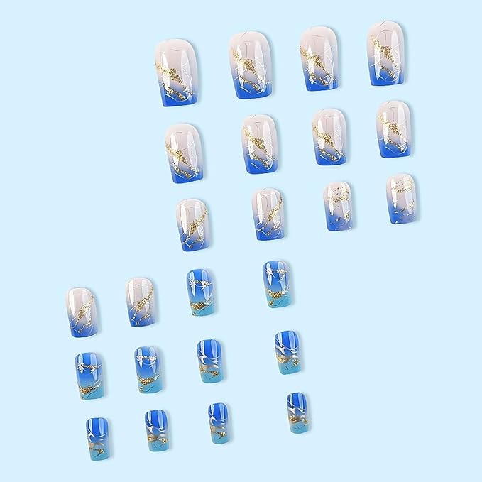 Medium Press on Nails Square Fake Nails with Glue Glossy Acrylic False Nails with Gold Glitter Designs Ice-Transparent Blue Gradient Glossy Artificial Nails Stick on Nails for Women 24Pcs