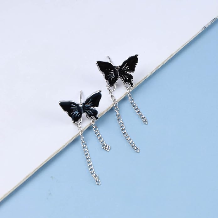 Vintage Butterfly Stud Earrings Silver Chain Tassel Dangle Earrings Black Butterfly Earrings Layer Chain Drop Earrings Jewelry for Women-VivaGrace Women