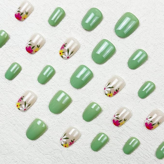 Green Press on Nails Short Almond Fake Nails with Colorful Flower Design Glossy Nude False Nails Spring Glue on Nails Cute Full Cover Reusable Summer Stick on Nails for Women Girls Manicure 24pcs