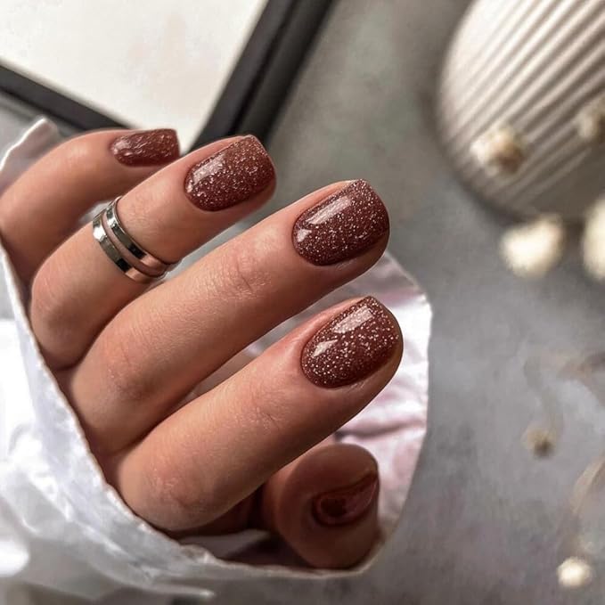 KQueenest Brown Glitter Fall Press on Nails Short Square, Cute Shimmer Acrylic Fake Nails Short with UV Finish, Sparkle Gel Nails Press ons, Bling Stick on Nails False Nails for Women in 24 Pcs