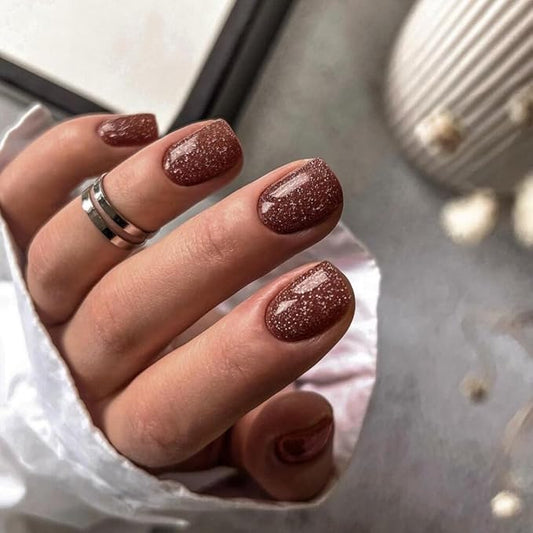 KQueenest Brown Glitter Fall Press on Nails Short Square, Cute Shimmer Acrylic Fake Nails Short with UV Finish, Sparkle Gel Nails Press ons, Bling Stick on Nails False Nails for Women in 24 Pcs