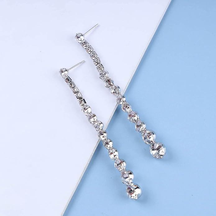 Vintage Rhinestone Chain Drop Earrings Silver Linear Crystal Earrings Sparkle Cz Tassel Earrings Long Cz Chain Stud Earrings Jewelry for Women and Girls-VivaGrace Women