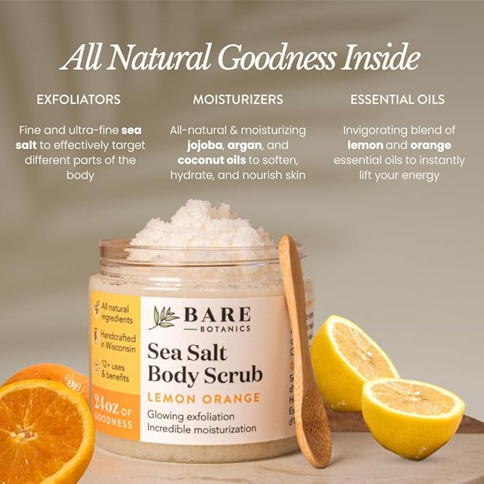 Bare Botanics Lemon Orange Body Scrub 24oz | Made in Madison, WI | All Natural Sea Salt Exfoliator w/ Skin Loving Moisturizers | Vegan & Cruelty Free | Gift Ready Packaging w/ a Cute Wooden Spoon-VivaGrace Women