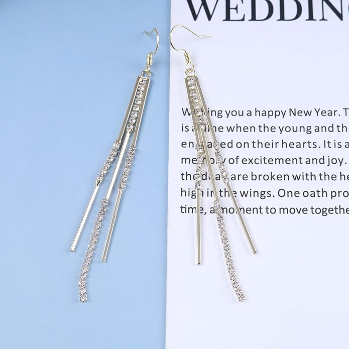Vintage Crystal Tassel Earrings Rhinestone Bar Drop Earrings Long Rhinestone Chain Earrings Gold Cz Bar Hook Earrings Sparkle Tennis Chain Earrings Jewelry for Women-VivaGrace Women