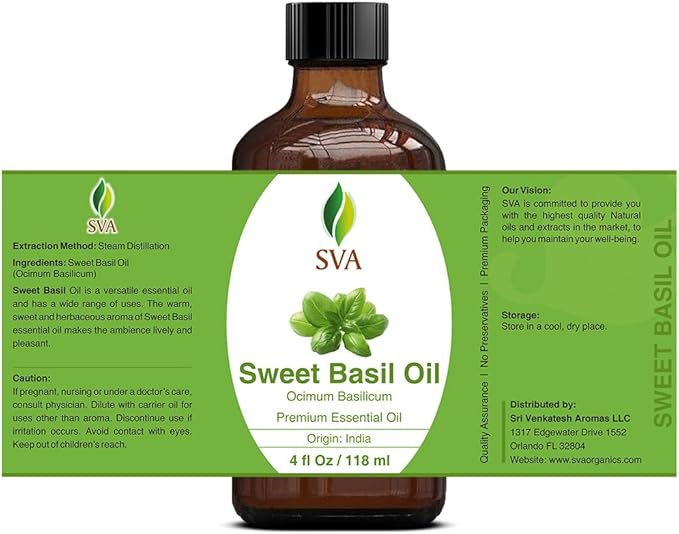 SVA Sweet Basil Essential Oil – 4 Fl Oz – 100% Natural Basil Oil - for Diffuser, Hair Care, Face, Skin Care, Aromatherapy, Scalp and Body Massage, Soap and Candle Making – with Dropper-VivaGrace Women