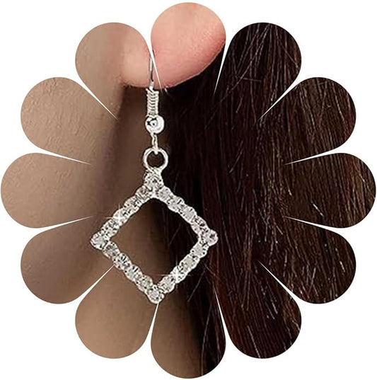 Vintage Crystal Square Drop Earrings Rhinestone Square Dangle Earrings Hollow Square Hook Earrings Silver Sparkly Cz Square Earrings Jewelry for Women-VivaGrace Women