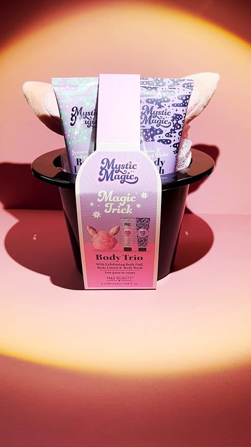 MAD BEAUTY Mystic Magic Rabbit in the Hat Body Trio, 3-in-1 Bath Kit: Exfoliating Loofah, Body Lotion, & Body Wash, Gorgeous Jasmine & Indigo Violet, Relax & Unwind, Great Self-Care Gift Set-VivaGrace Women