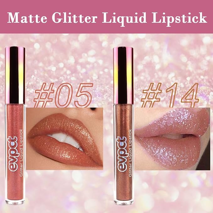 evpct 2Pcs Bronze Gold Nude Gold Matte to Glitter Liquid Lipstick Set for Women Long Lasting Glossy Metallic Shimmer Sparkle Lipstick Lip Gloss 5+14-VivaGrace Women