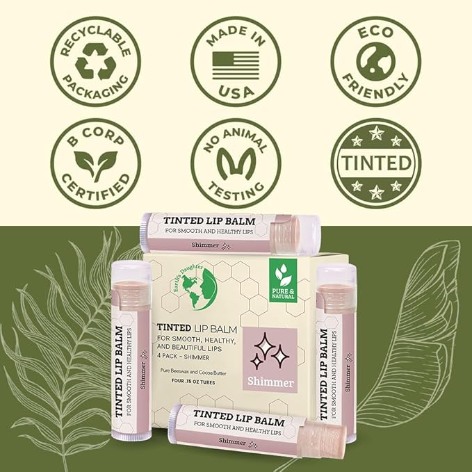 Tinted Lip Balm by Earth’s Daughter – 4 Pack of Shimmer Tint – Beeswax, Coconut Oil, Cocoa Butter, Vitamin E – Moisturize and Beautify – Paraben Free-VivaGrace Women