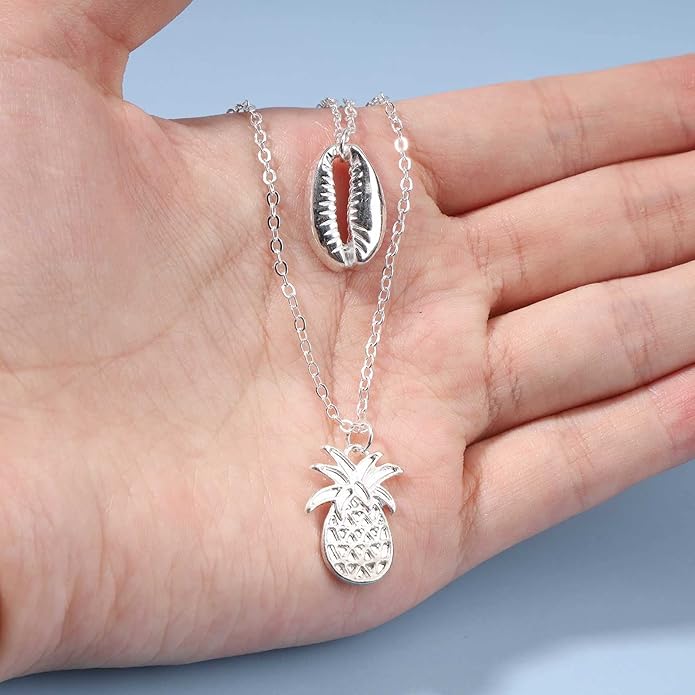 Boho Layered Shell Pineapple Choker Necklace Silver Seashell Pendant Necklace Vintage Cowrie Shell Necklace Beach Charm Necklace Jewelry for Women Gifts-VivaGrace Women