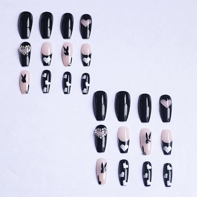 Long Heart Press on Nails Square Coffin Fake Nails with Love Diamond Glitter Design - Black French Tip Press on Nails Long Heart False Nails Artificial Nail for Women Girls Decorations 24pcs