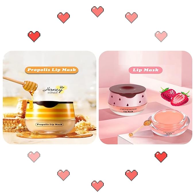 4PCS Nourishing Bee Lip Balm Honey Pot, Honey & Strawberry Lip Mask Moisturizing Lip Balm with Brush, Hydrating & Prevention Dry and Cracked Lips Reduces Lip Lines Lip Care Product-VivaGrace Women