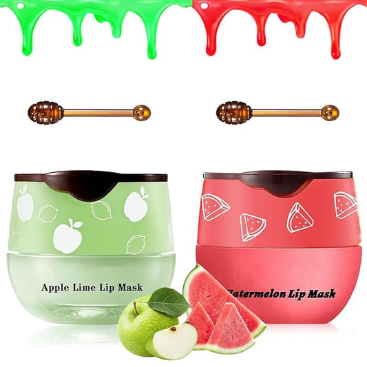 2 PCS Bee Lip Balm Honey Pot, Watermelon & Apple Lime Lip Sleeping Masks Overnight, Hydrating Prevention Dry and Cracked Lip Scrubs Exfoliator Lip Care, Reduces Lip Lines-VivaGrace Women