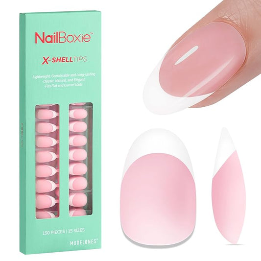 modelones French Tip Press on Nails, 150Pcs Short Almond Fake Nails with Nail Box, Pink Gel Nail Tips for Women, Soft Glue-On Nails for Natural Salon Look, DIY Nail Art Kit (15 Sizes)-VivaGrace Women