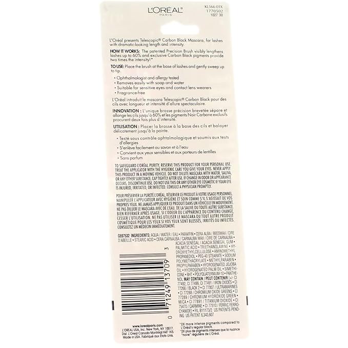 L'Oreal Paris Telescopic Mascara, Carbon Black [935] 0.27 oz (Pack of 3)