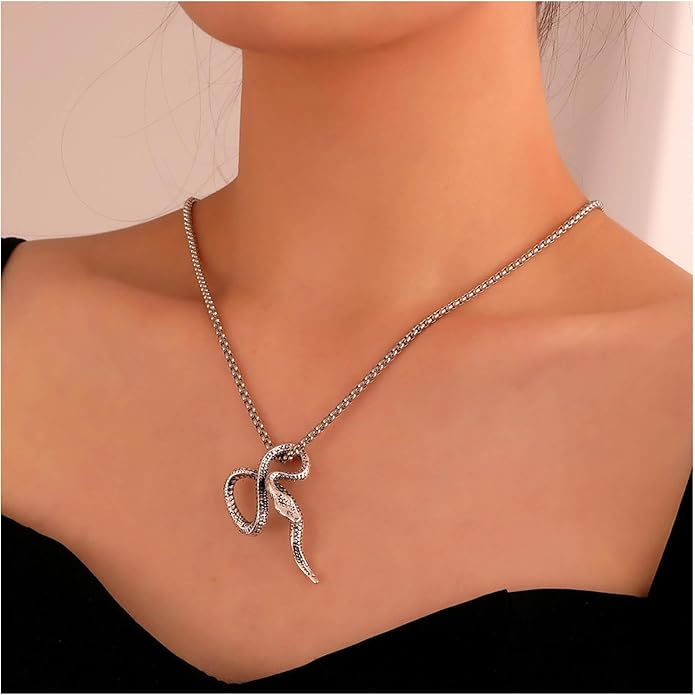 Vintage Snake Pendant Necklace Punk Snake Necklace Serpent Choker Necklace Silver Box Chain Necklace Jewelry for Women-VivaGrace Women