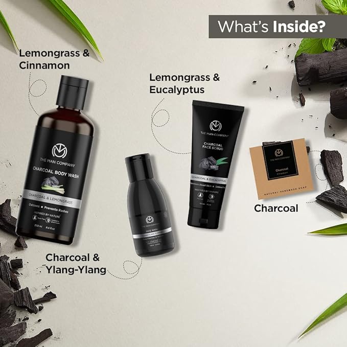The Man Company Ultimate Charcoal Detan Kit with Elegant Gift Box | Charcoal Body wash, Shampoo, Face Scrub, Face wash, Charcoal Soap, Cleansing gel, Charcoal Sheet mask*2 (Set of 8)-VivaGrace Women